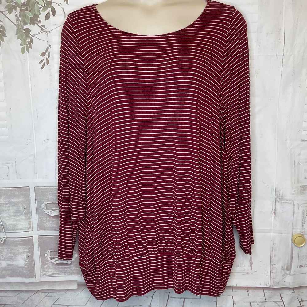 Lane Bryant Womens Red White Strip Ribbed LS Blouson Top Blouse Plus Sz. 22 24